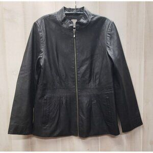 J Jill Black Leather Jacket, size Medium, Band Collar, Pockets, Zip Front Lined